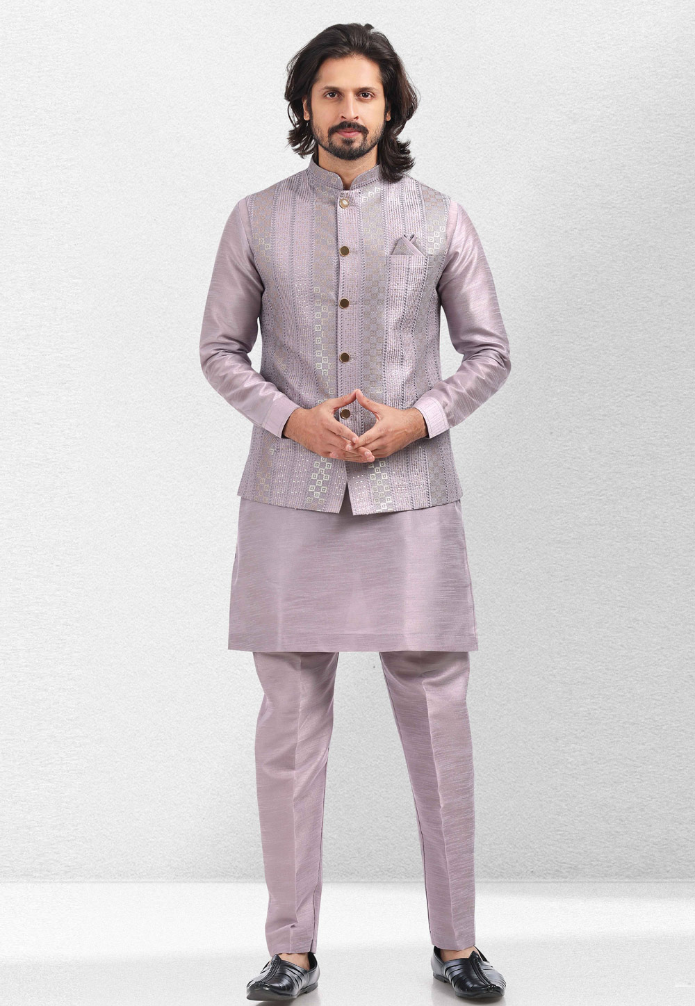 Light Purple Art Silk Kurta Pajama With Jacket 260148