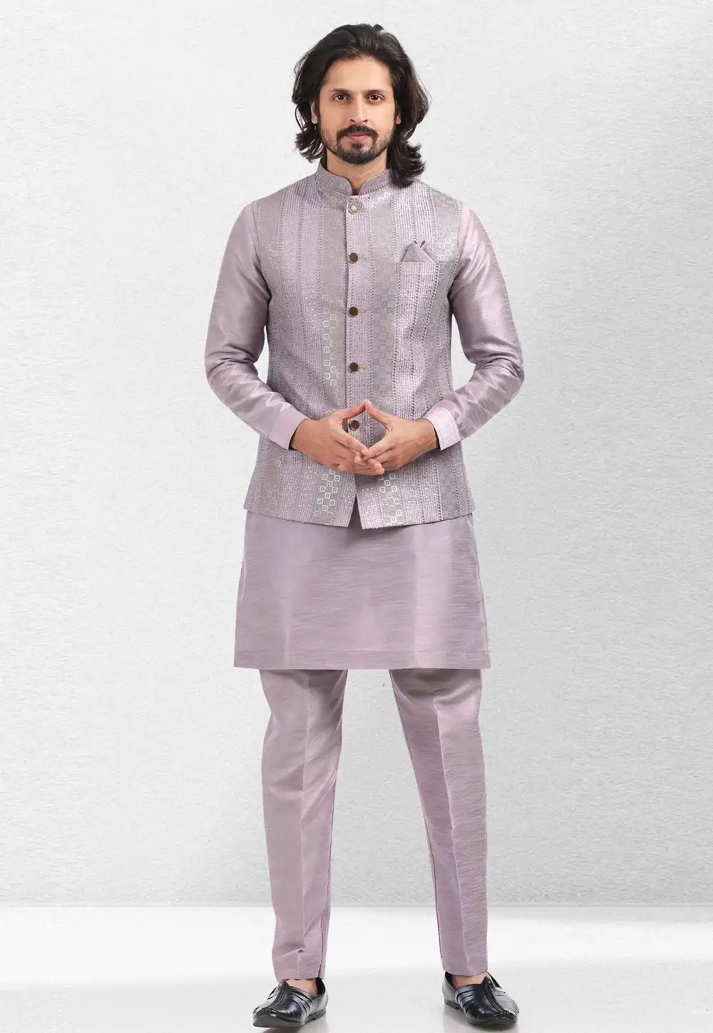 Light Purple Art Silk Kurta Pajama With Jacket 260148