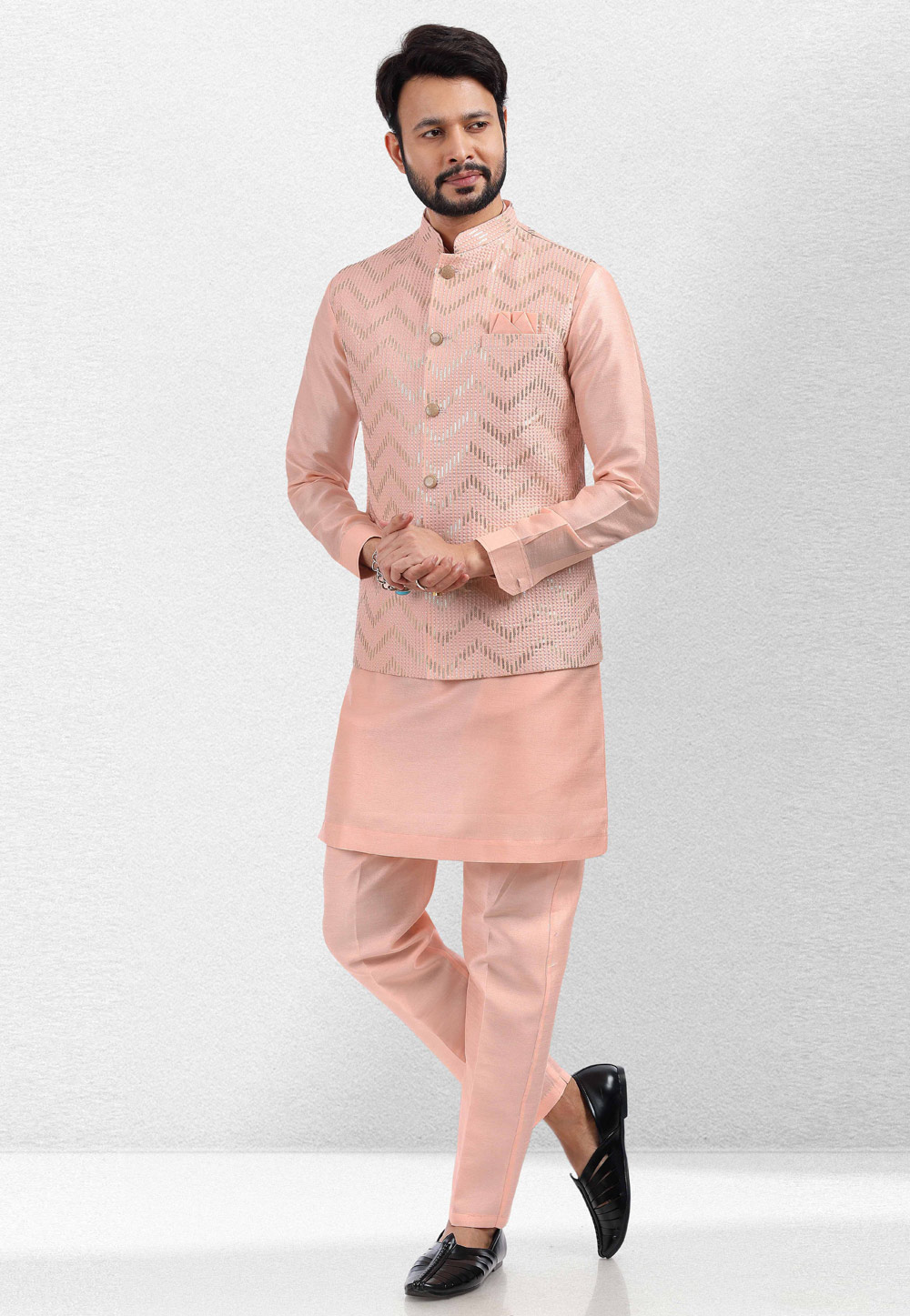 Peach Art Silk Kurta Pajama With Jacket 260150