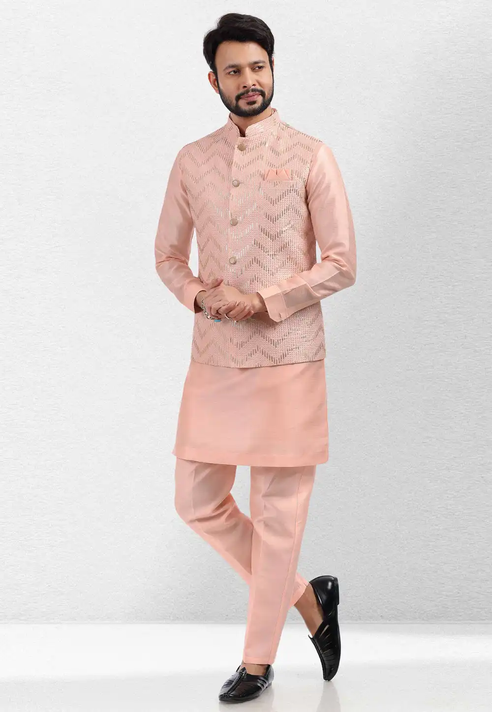 Peach Art Silk Kurta Pajama With Jacket 260150