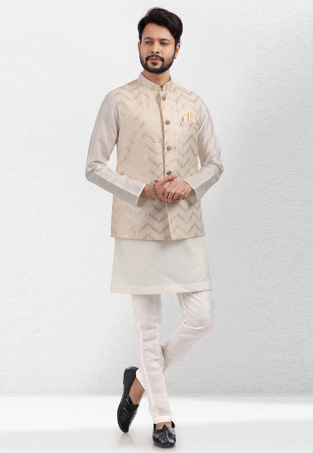 Off White Art Silk Kurta Pajama With Jacket 260152