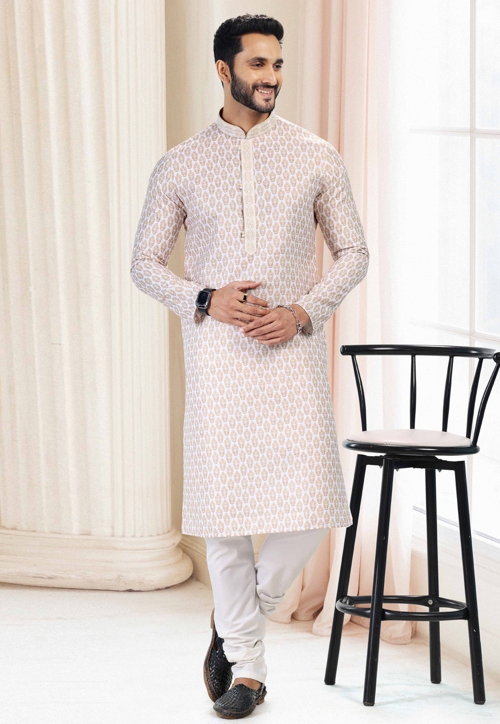 Off White Cotton Printed Kurta Pajama 260160