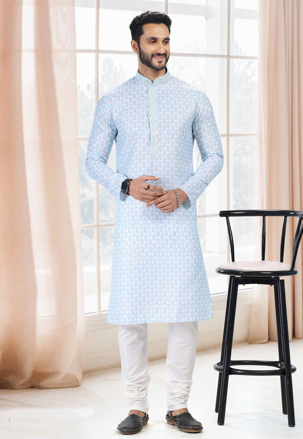 Sky Blue Cotton Printed Kurta Pajama 260163