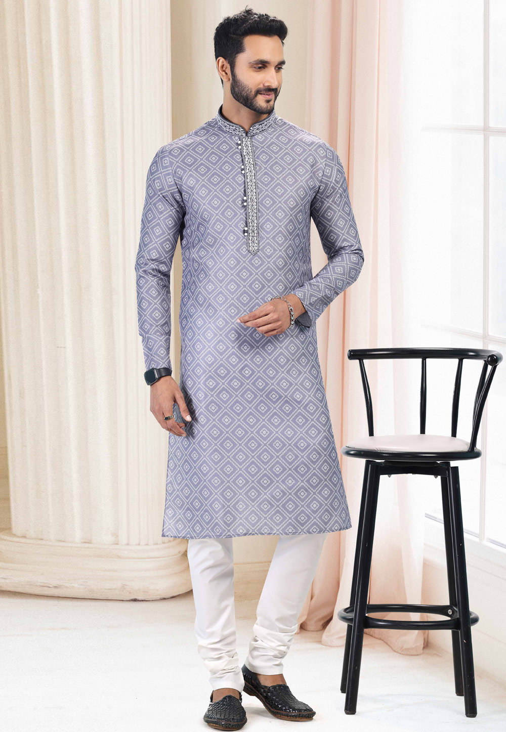Grey Cotton Printed Kurta Pajama 260168