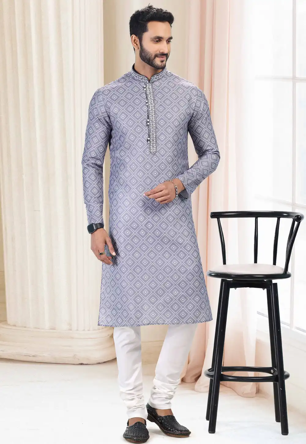 Grey Cotton Printed Kurta Pajama 260168