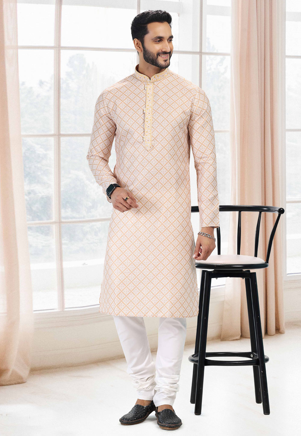 Beige Cotton Printed Kurta Pajama 260171