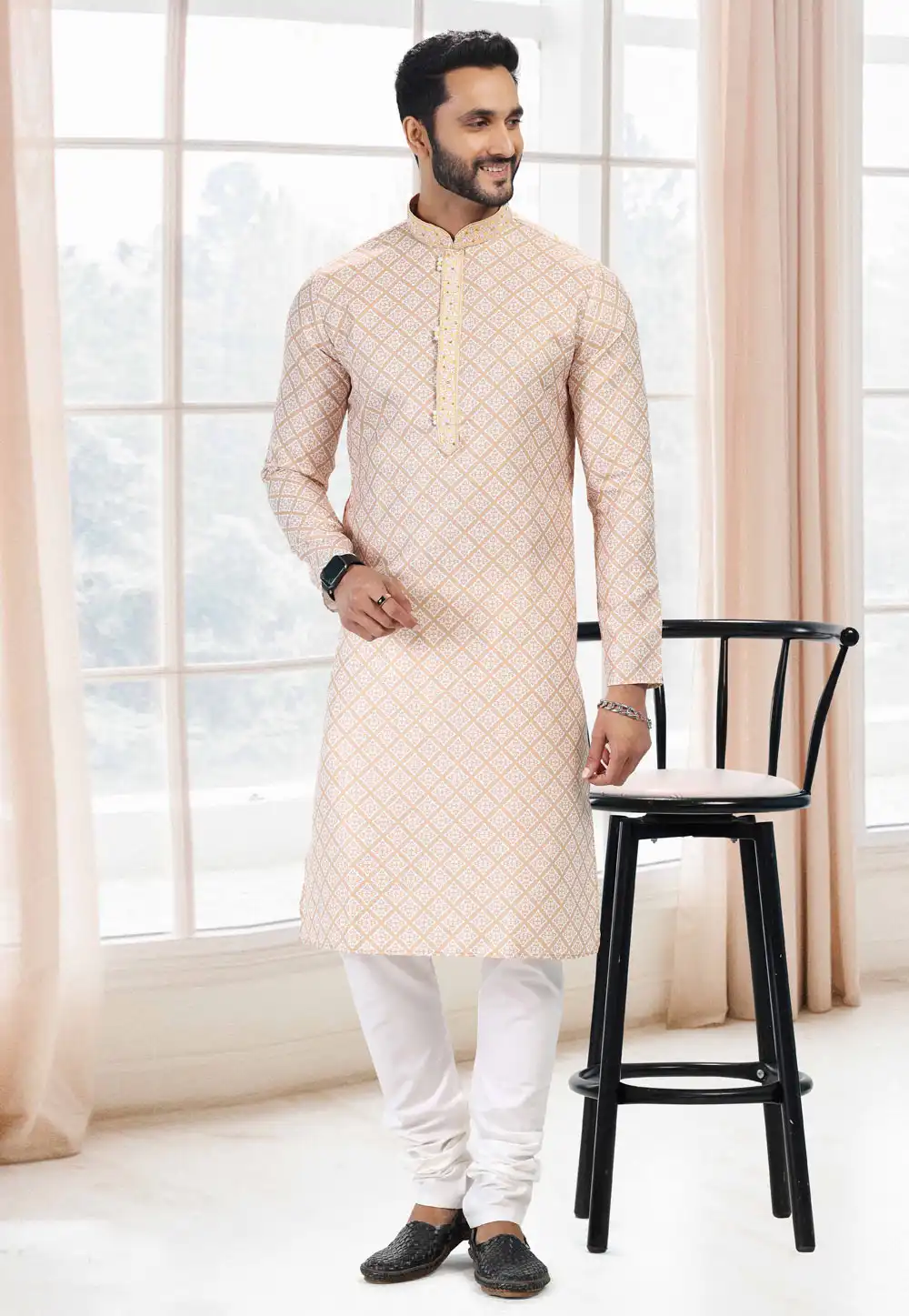 Beige Cotton Printed Kurta Pajama 260171