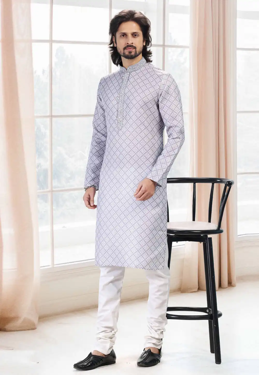 Grey Cotton Printed Kurta Pajama 260173