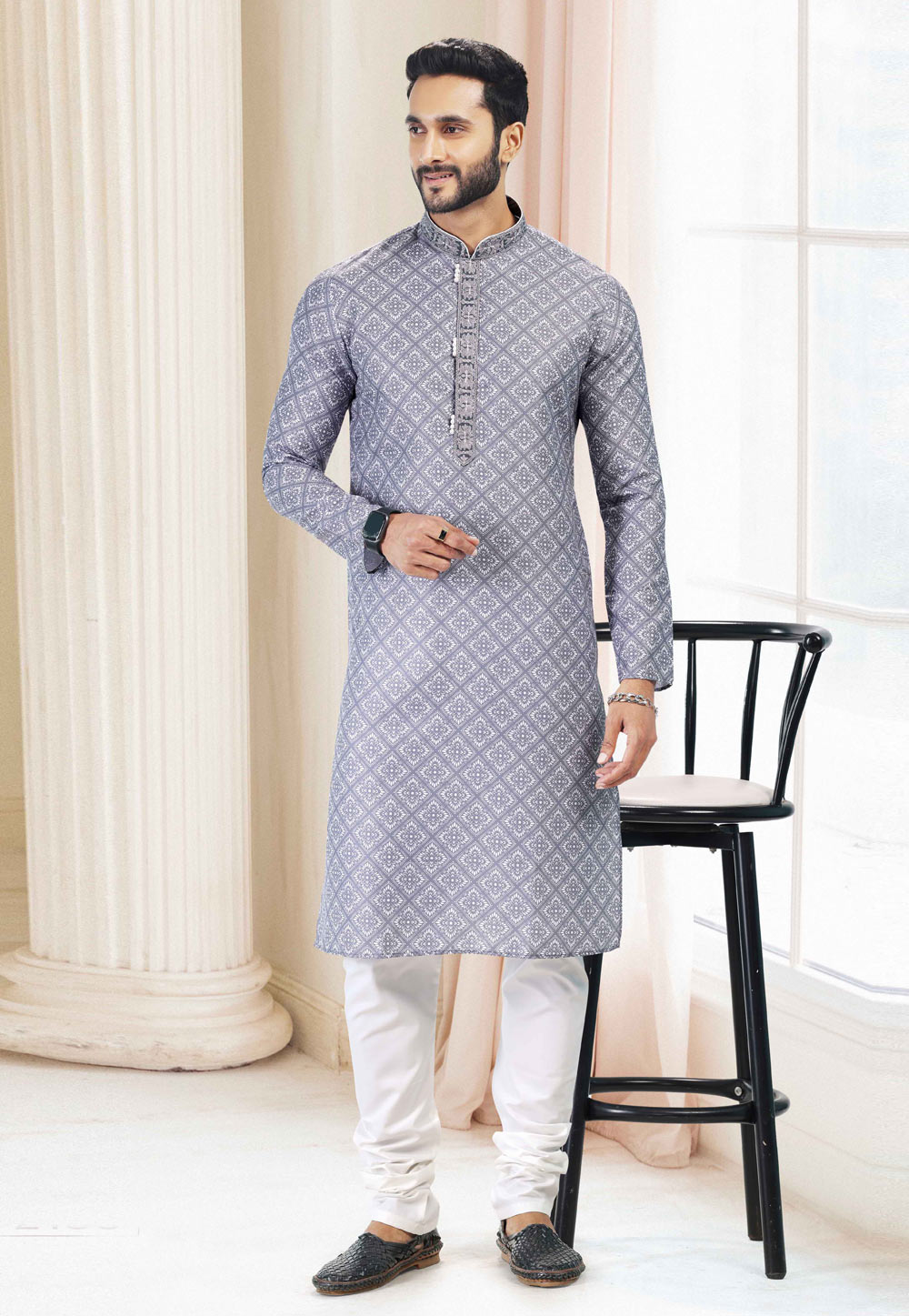 Grey Cotton Printed Kurta Pajama 260178