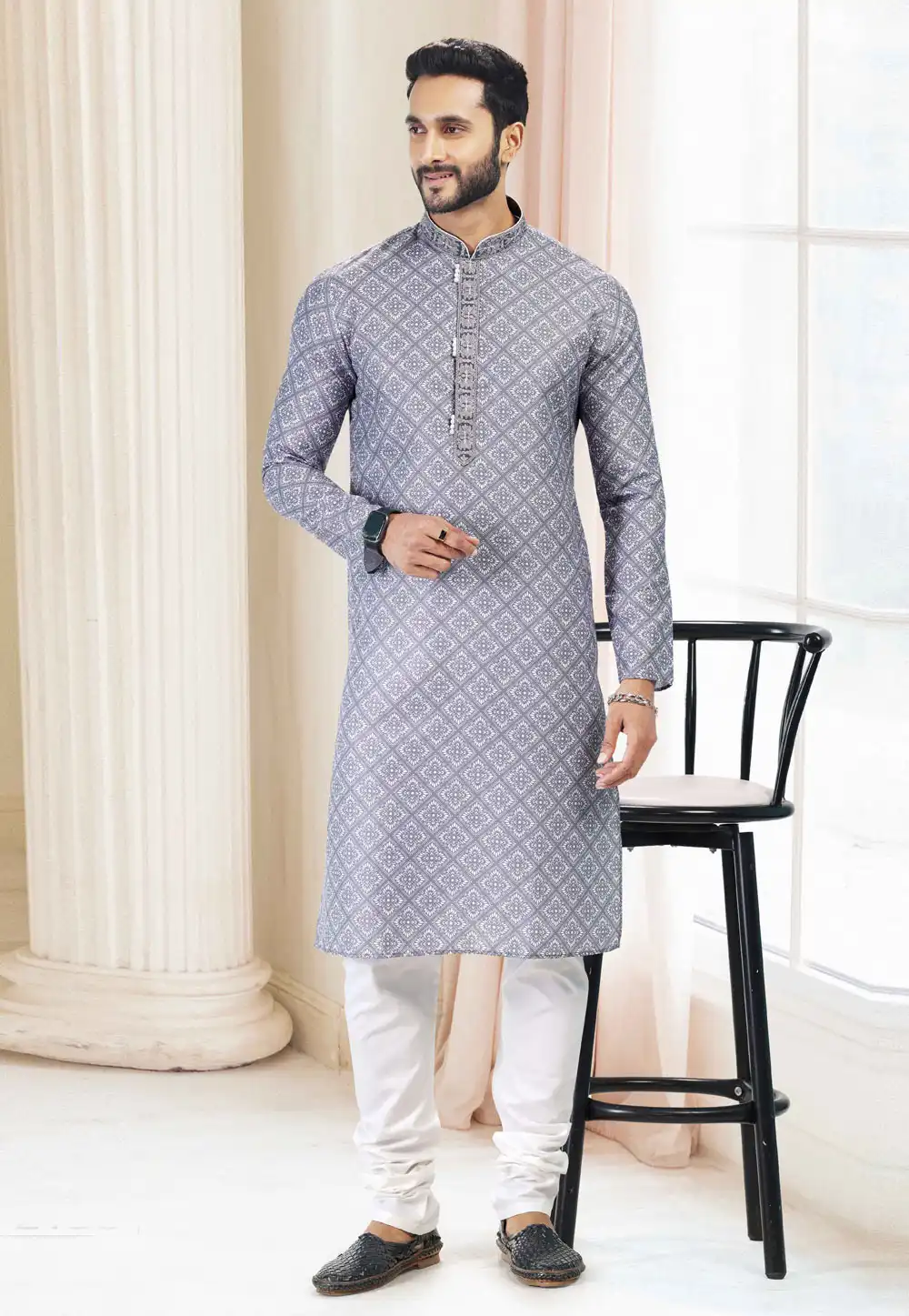 Grey Cotton Printed Kurta Pajama 260178