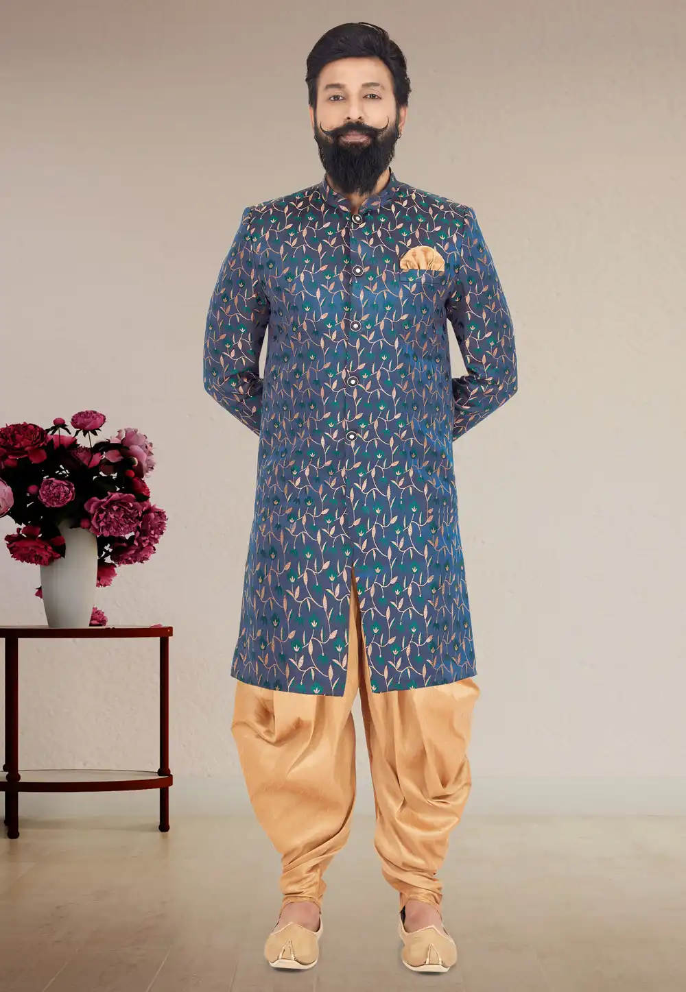 Blue Jacquard Silk Indo Western Suit 271616