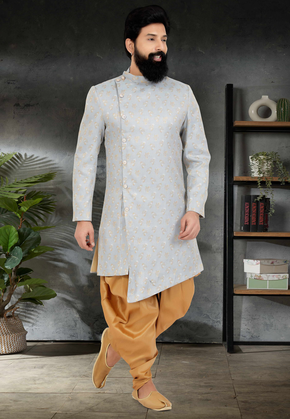 Grey Jacquard Silk Indo Western Suit 271619