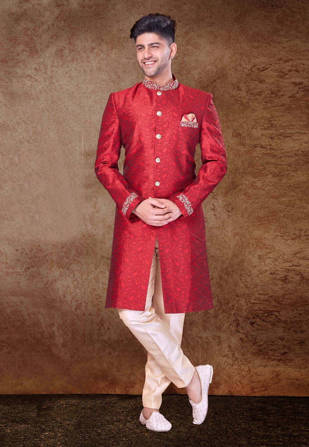 Red Jacquard Indo Western Sherwani 260704