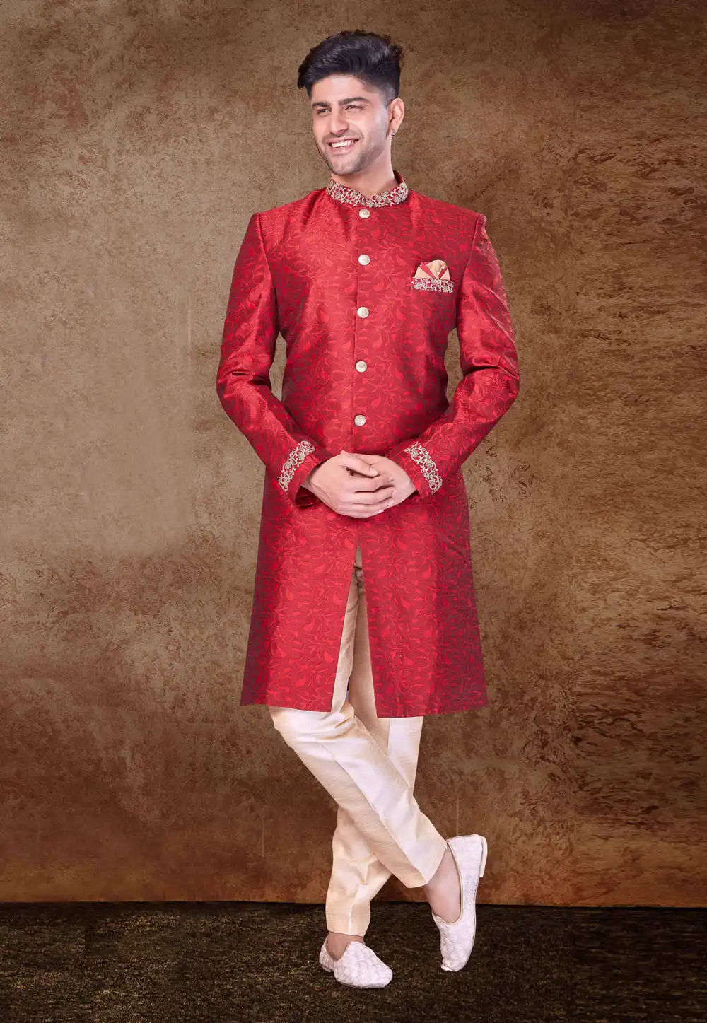 Red Jacquard Indo Western Sherwani 260704