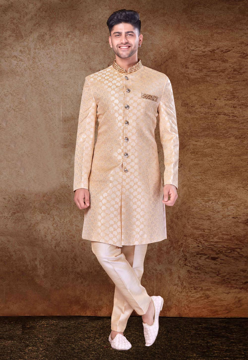 Cream Jacquard Indo Western Sherwani 260707