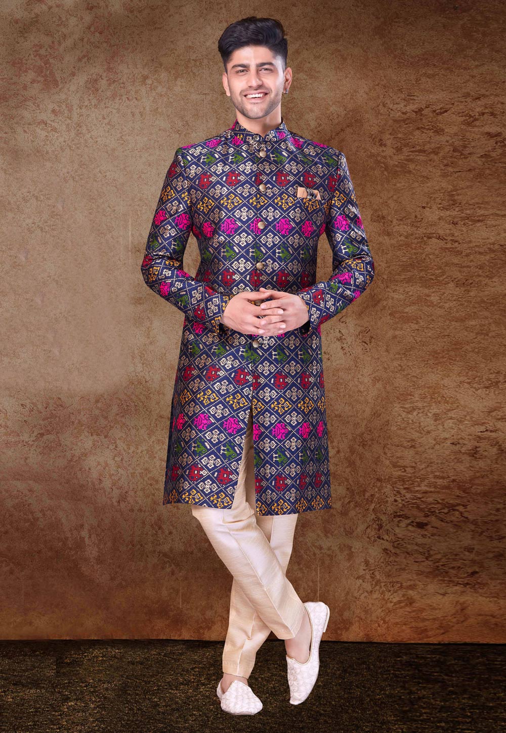 Navy Blue Silk Indo Western Sherwani 260709