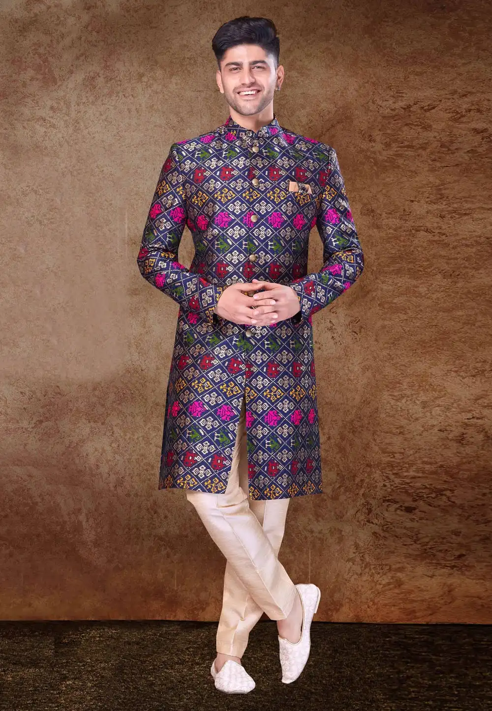 Navy Blue Silk Indo Western Sherwani 260709