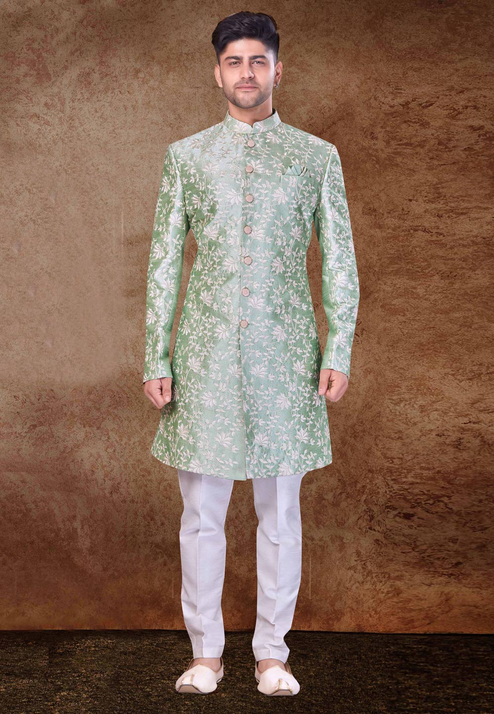 Pista Green Art Silk Indo Western Sherwani 260710