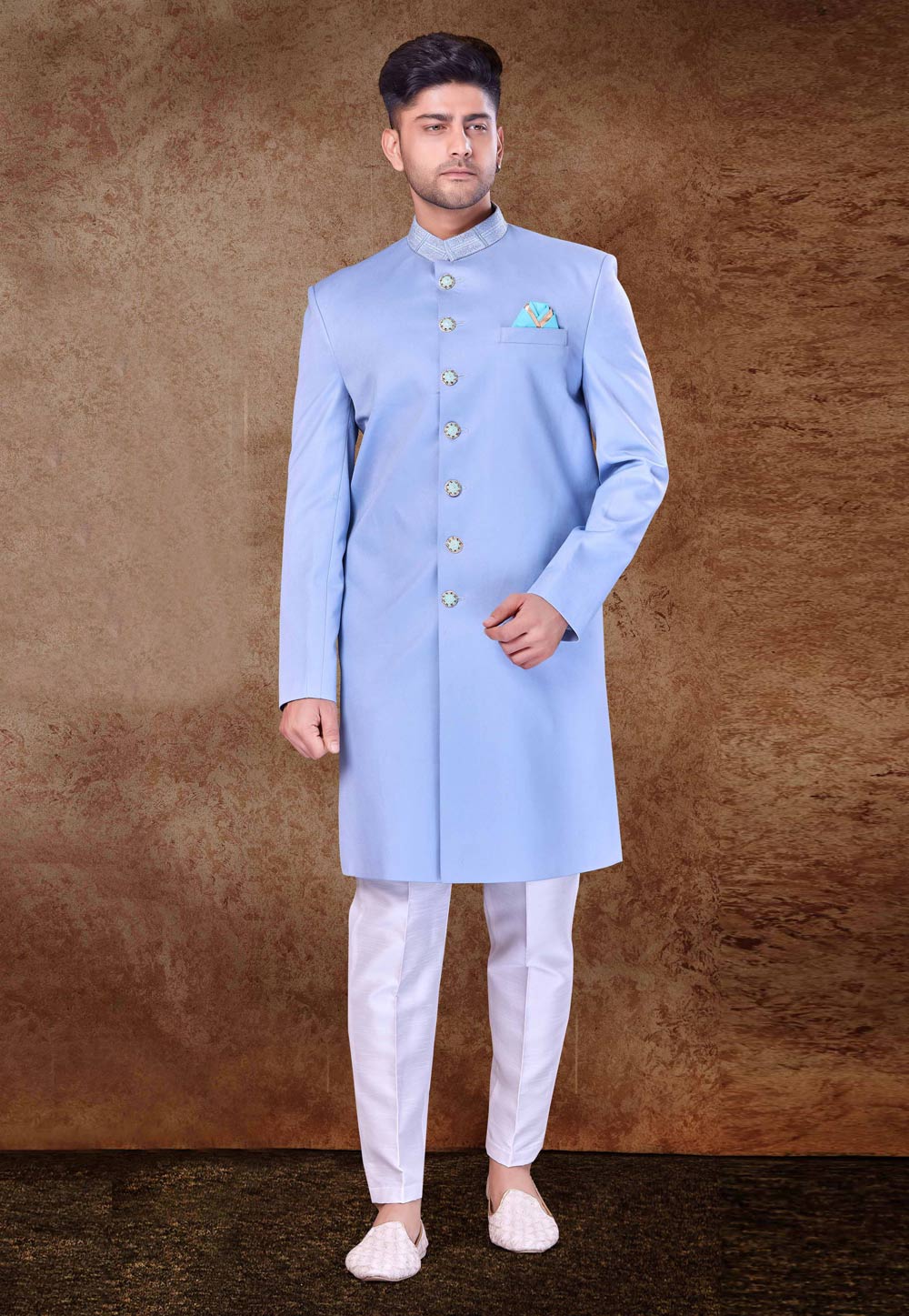 Sky Blue Art Silk Indo Western Sherwani 260713