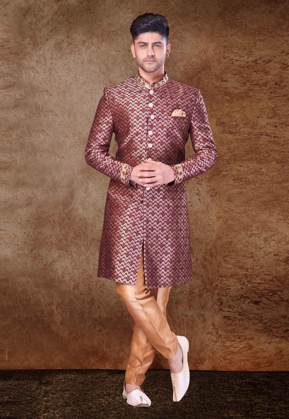 Wine Jacquard Indo Western Sherwani 260719
