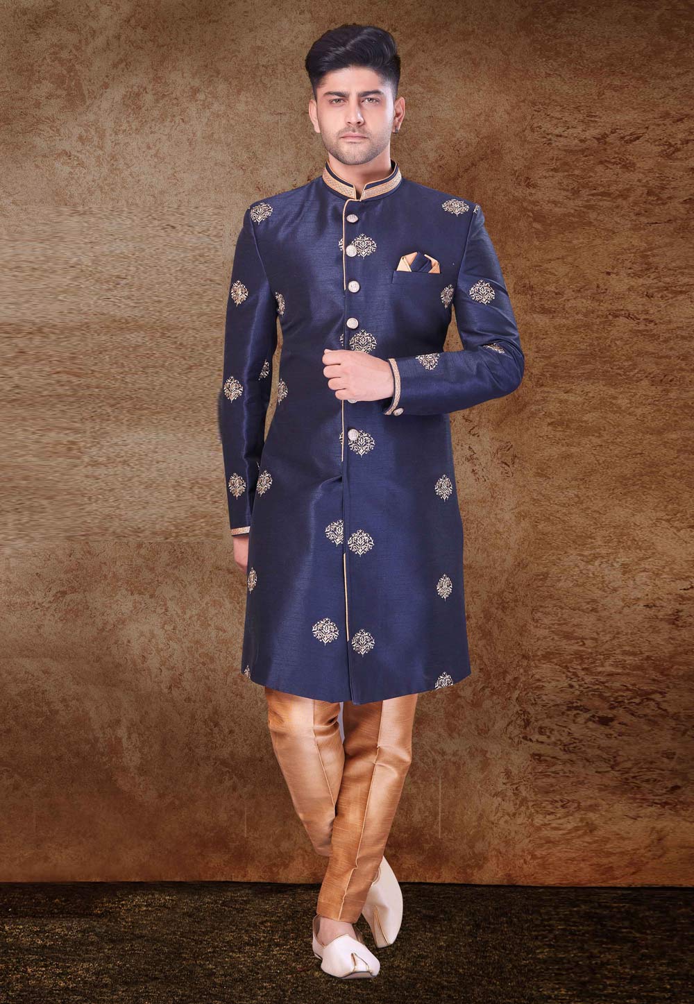 Navy Blue Jacquard Indo Western Sherwani 260721
