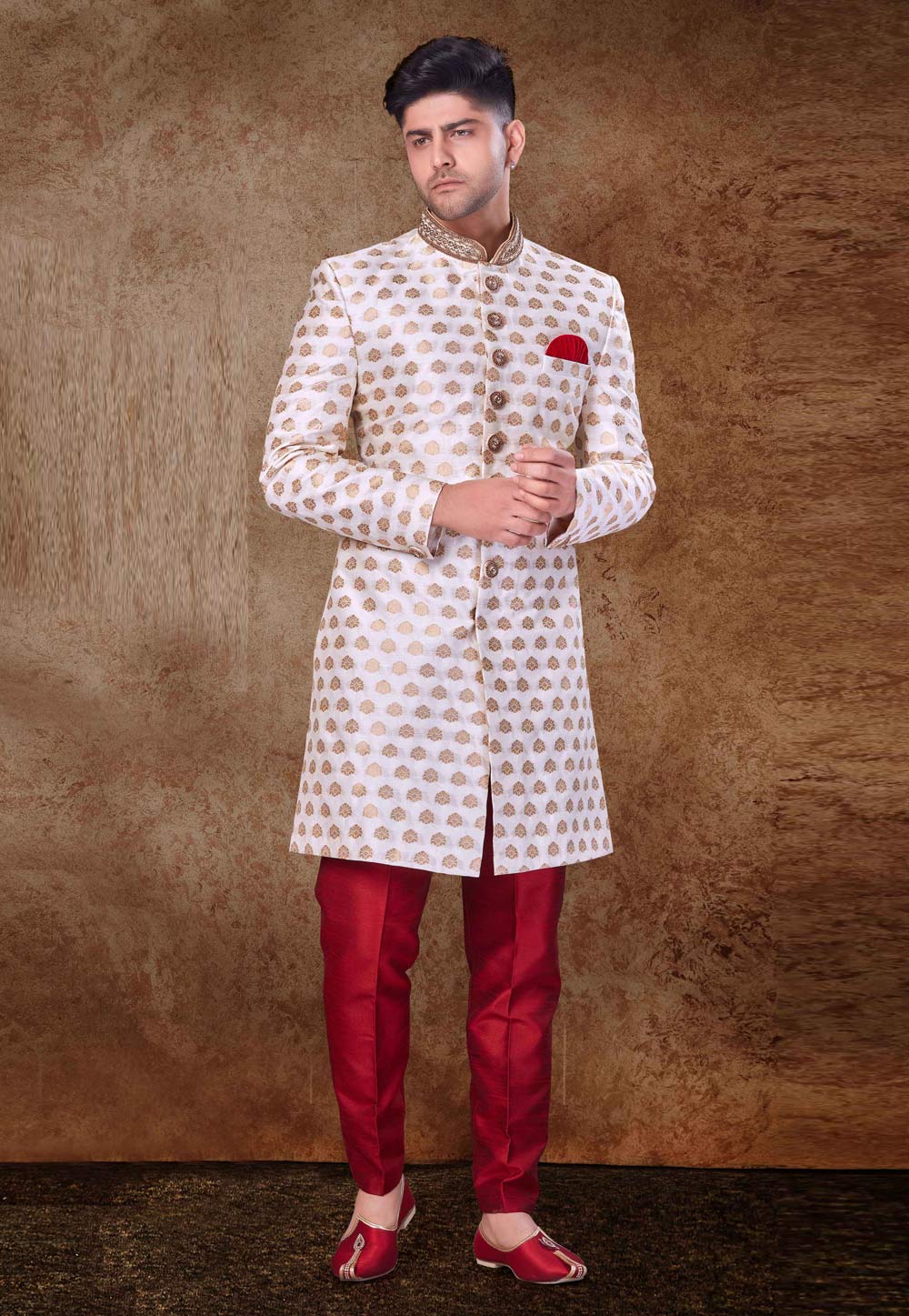 White Jacquard Indo Western Sherwani 260722