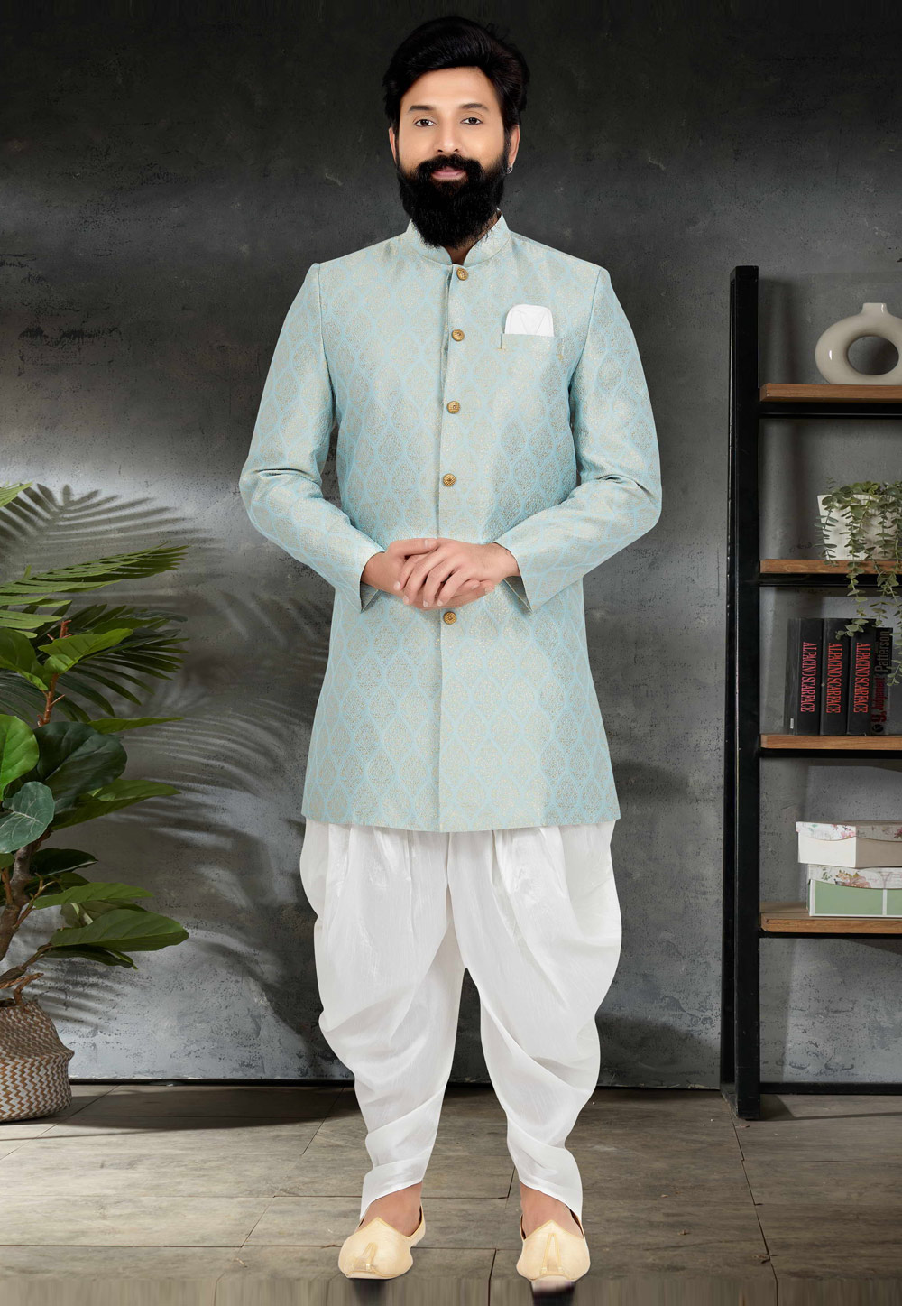 Sky Blue Jacquard Silk Indo Western Suit 271621