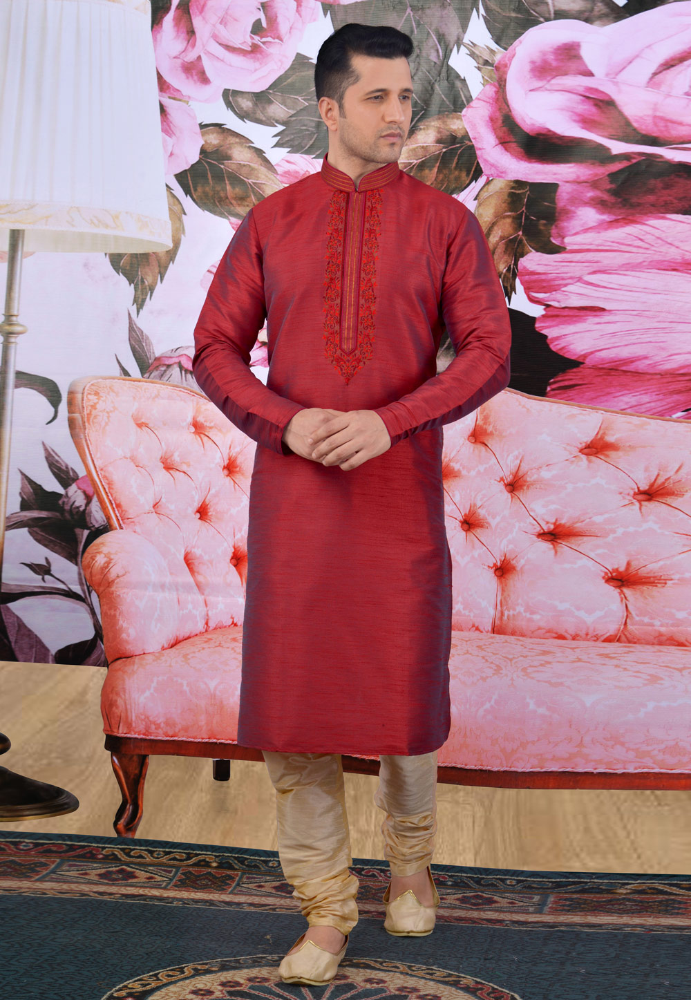 Maroon Banarasi Silk Readymade Kurta Pajama 208315