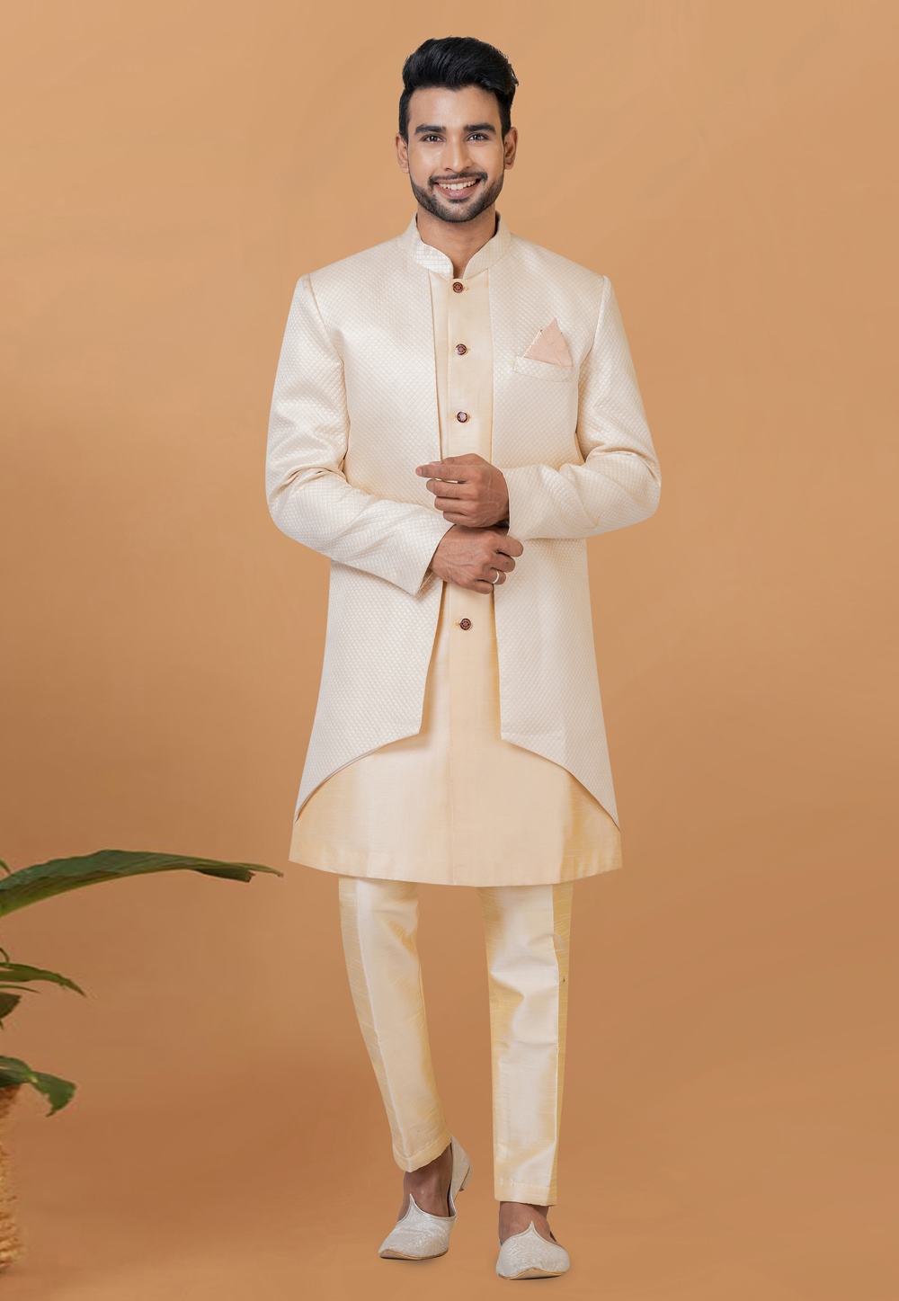 Beige Jacquard Silk Indo Western Sherwani 273070