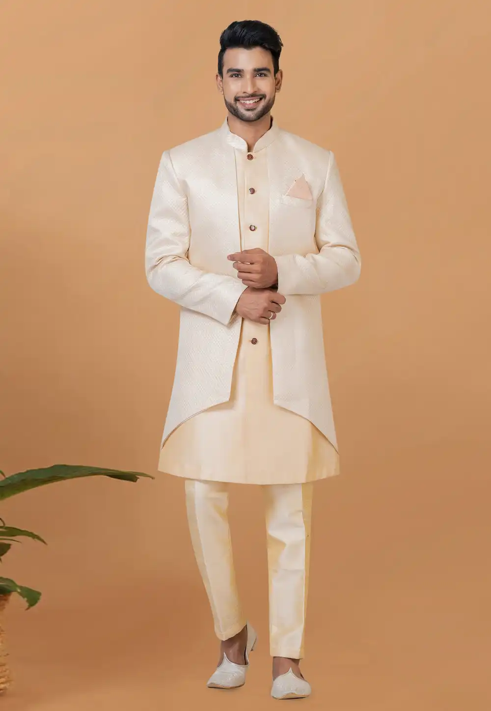 Beige Jacquard Silk Indo Western Sherwani 273070
