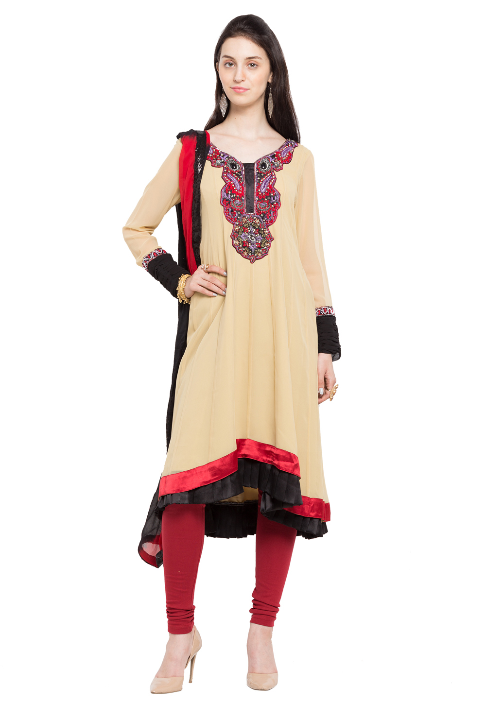 Beige Faux Georgette Readymade Churidar Suit 230365