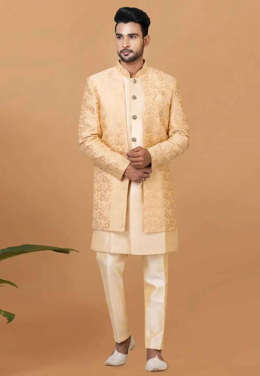 Beige Jacquard Silk Indo Western Sherwani 273071