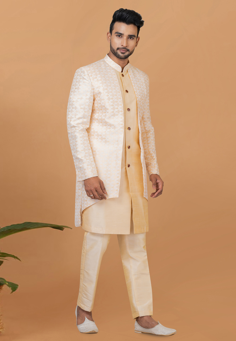 Beige Jacquard Silk Indo Western Sherwani 273072