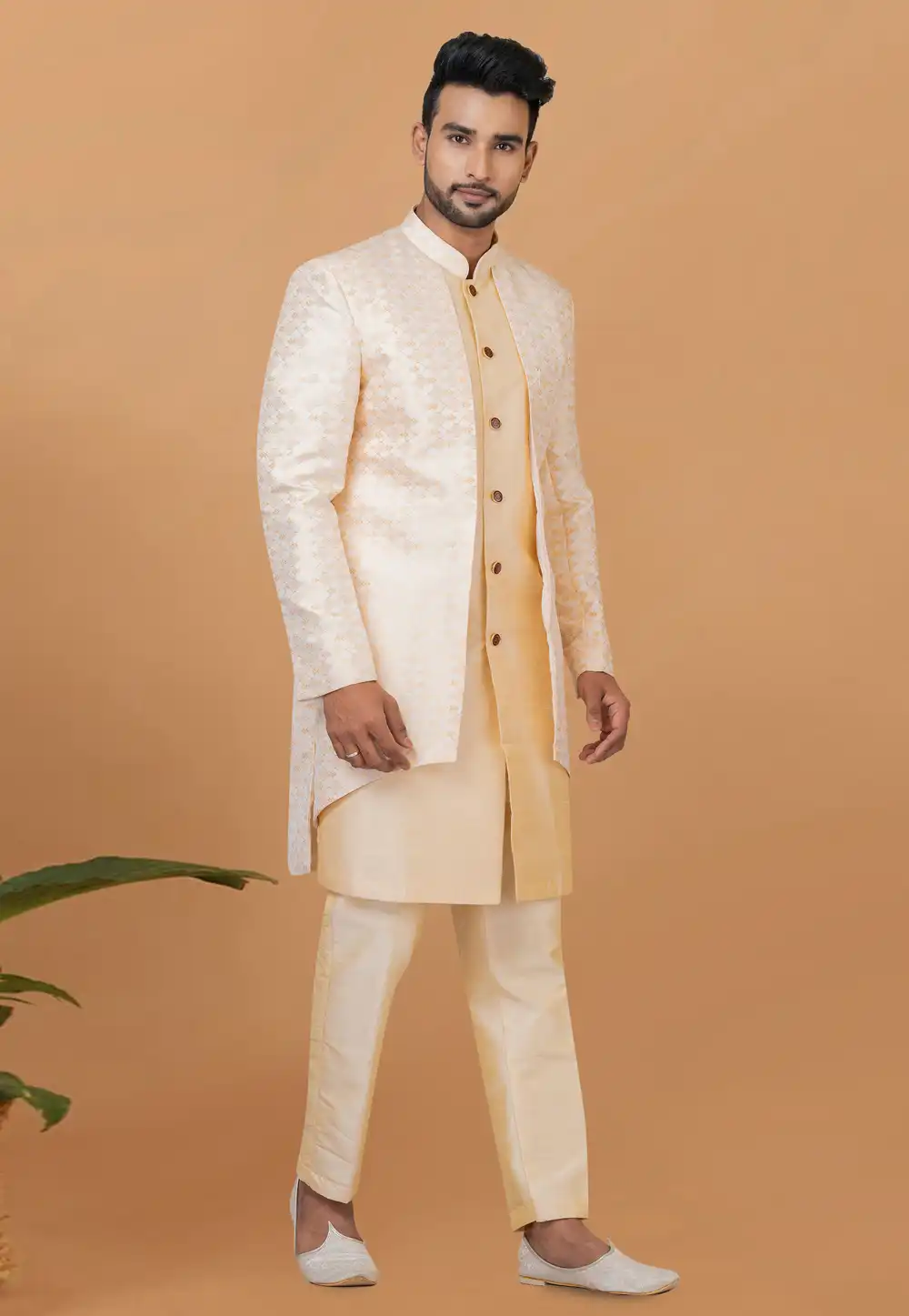 Beige Jacquard Silk Indo Western Sherwani 273072