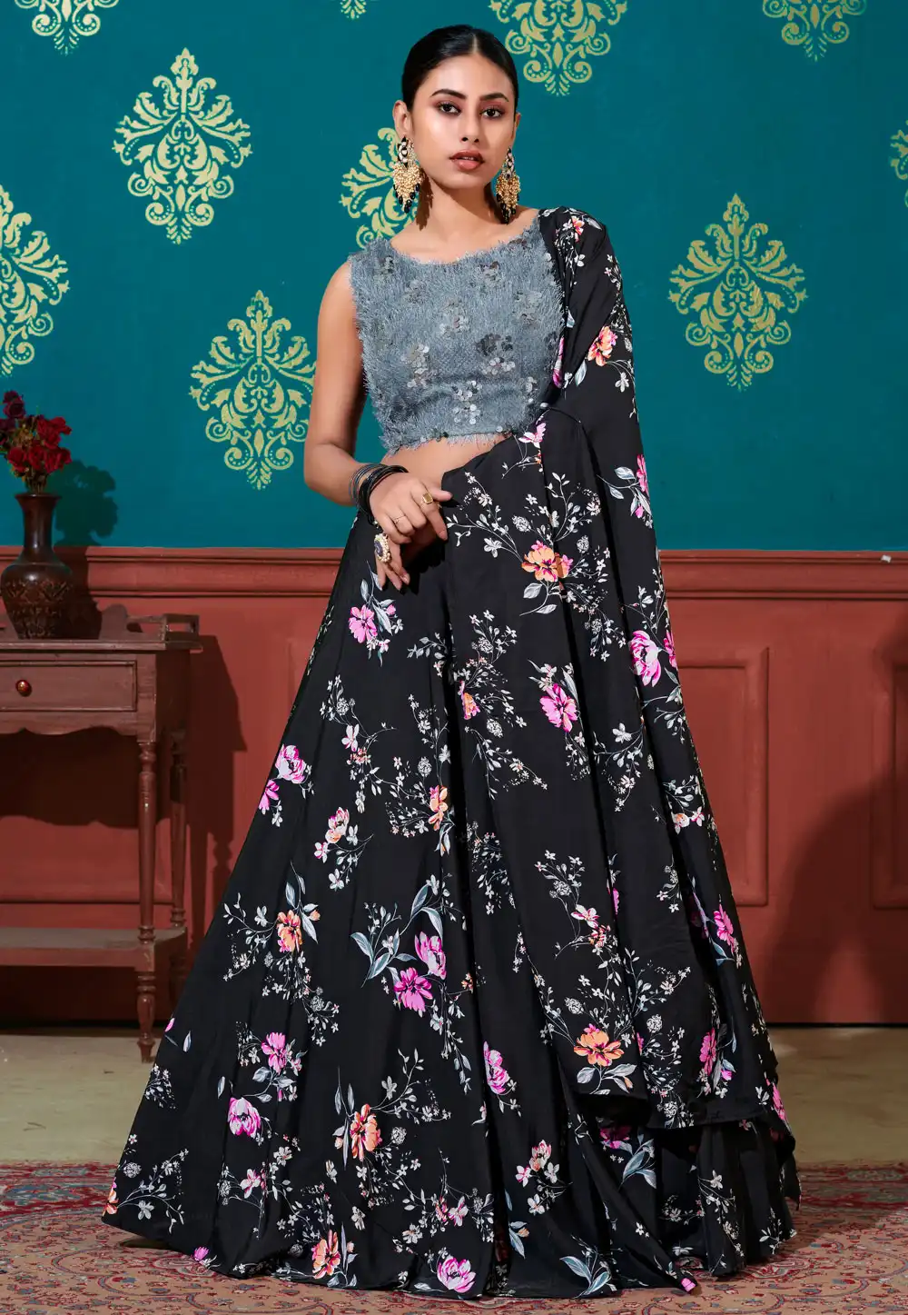 Black Silk Circular Lehenga Choli 237141