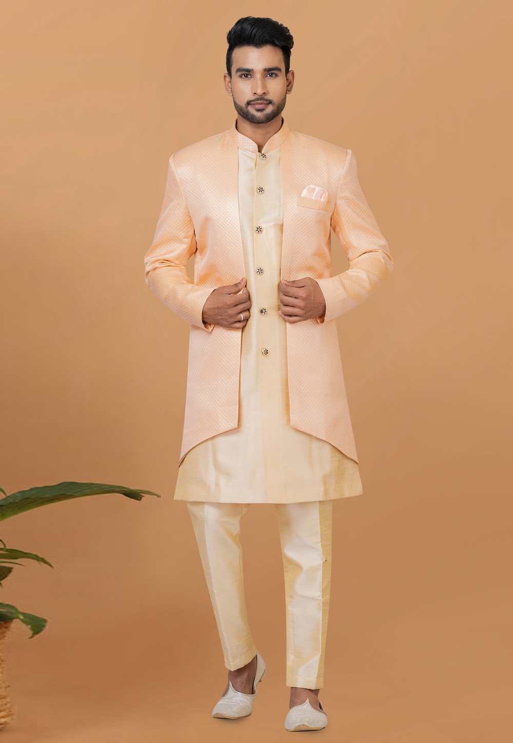 Beige Jacquard Silk Indo Western Sherwani 273073