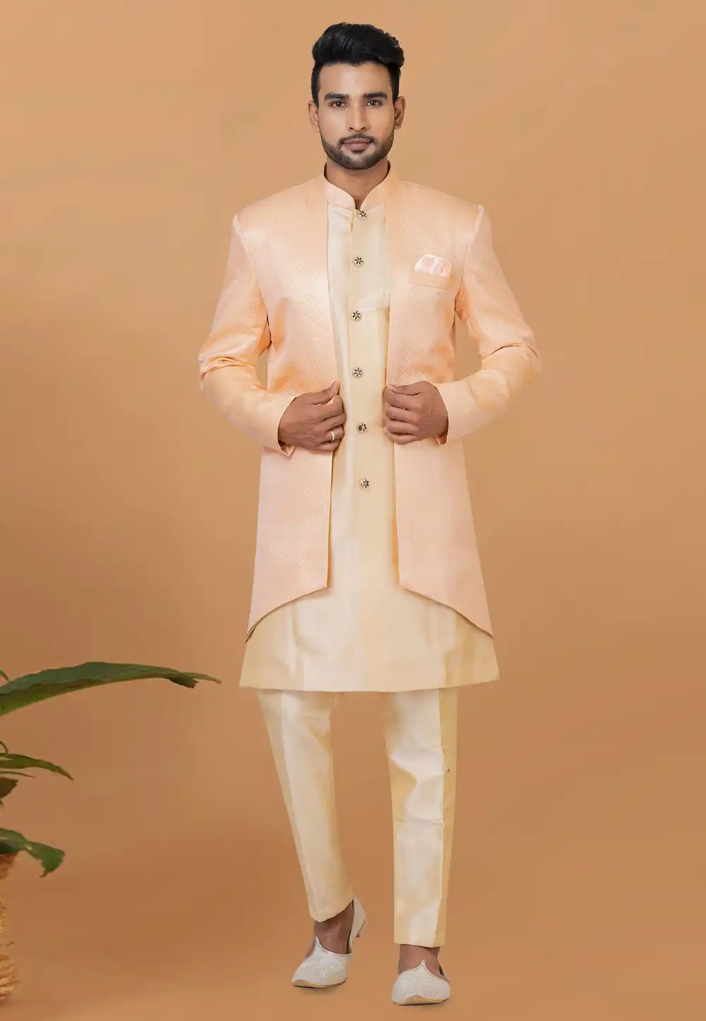 Beige Jacquard Silk Indo Western Sherwani 273073