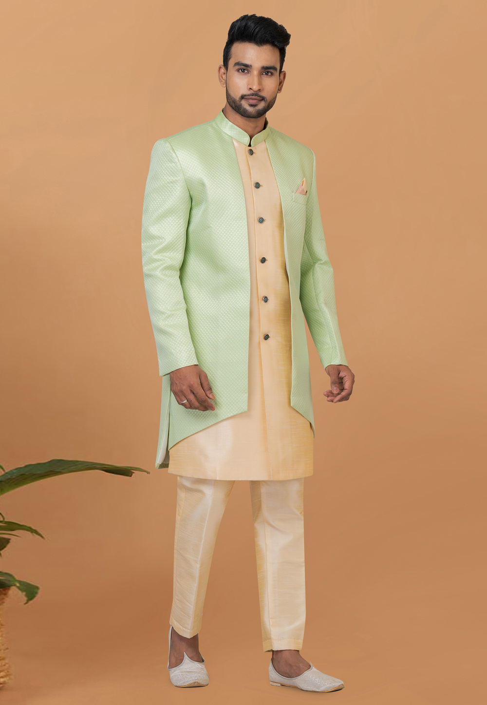 Beige Jacquard Silk Indo Western Sherwani 273074