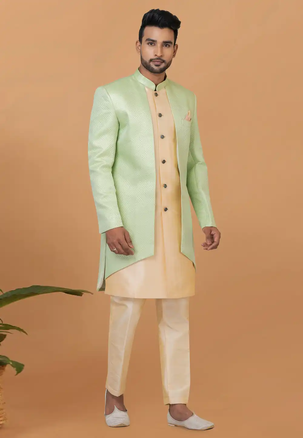 Beige Jacquard Silk Indo Western Sherwani 273074