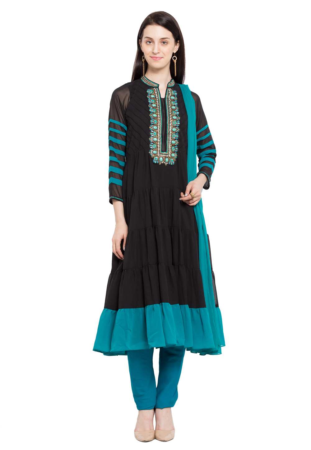 Black Faux Georgette Readymade Churidar Suit 230367