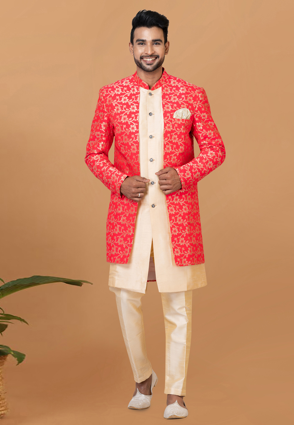 Beige Jacquard Silk Indo Western Sherwani 273075