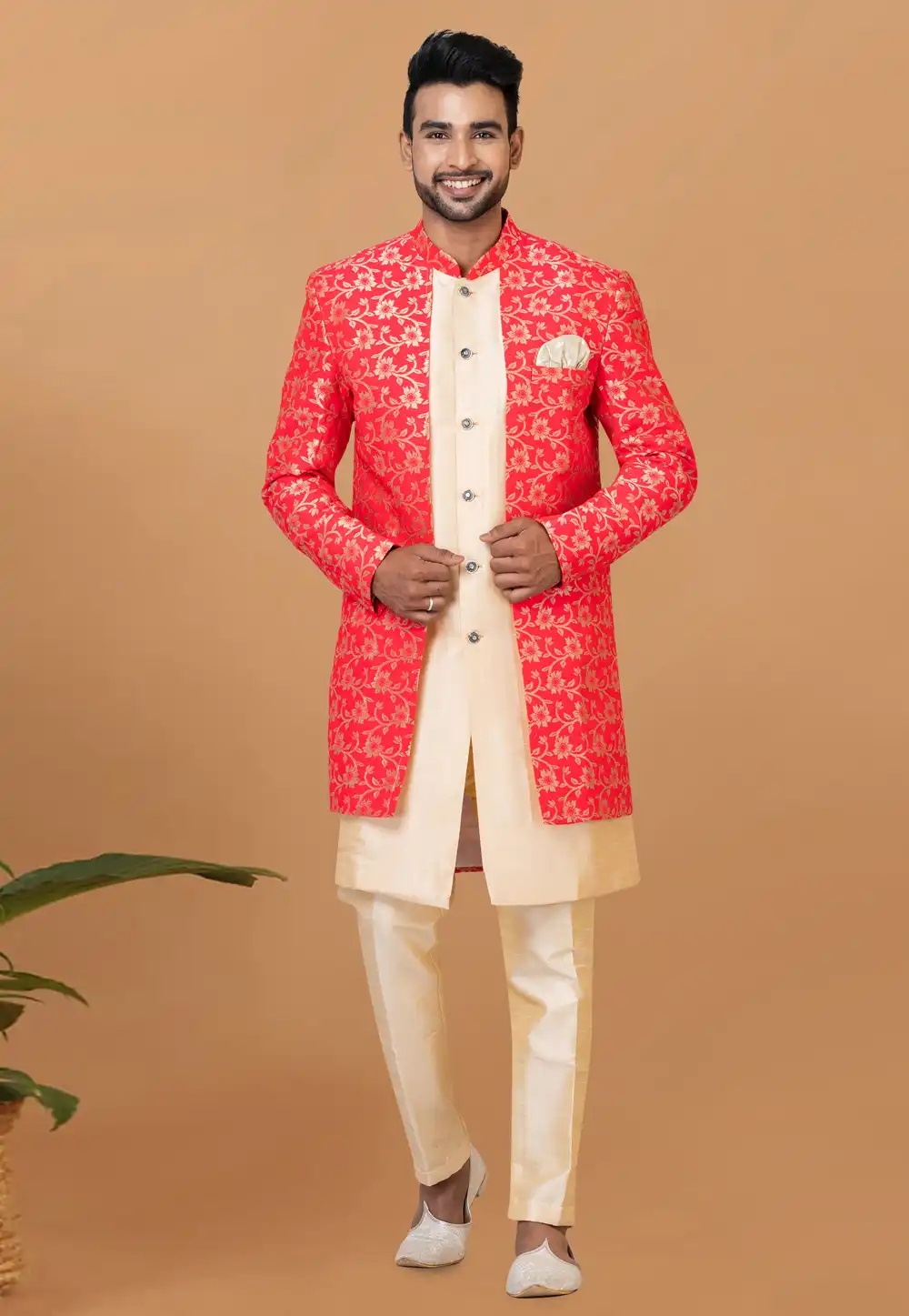 Beige Jacquard Silk Indo Western Sherwani 273075