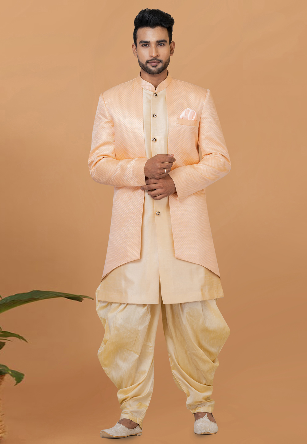 Beige Jacquard Silk Dhoti Sherwani 273076