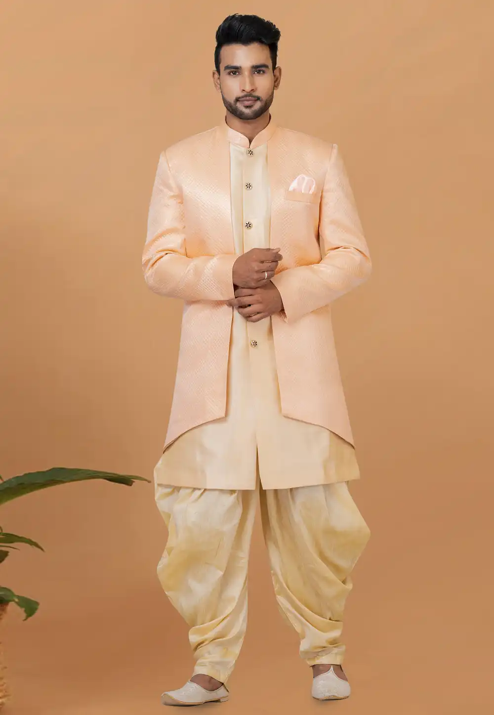 Beige Jacquard Silk Dhoti Sherwani 273076