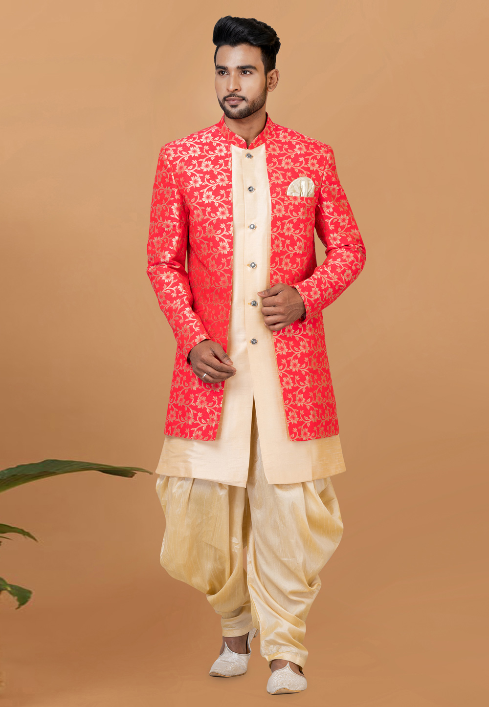 Beige Jacquard Silk Dhoti Sherwani 273077