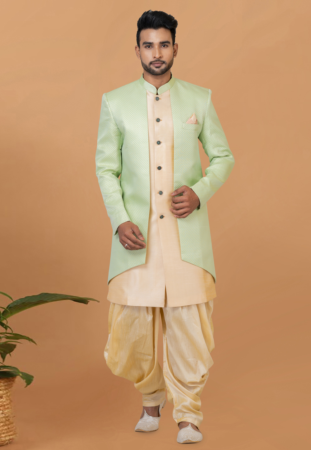 Beige Jacquard Silk Dhoti Sherwani 273078
