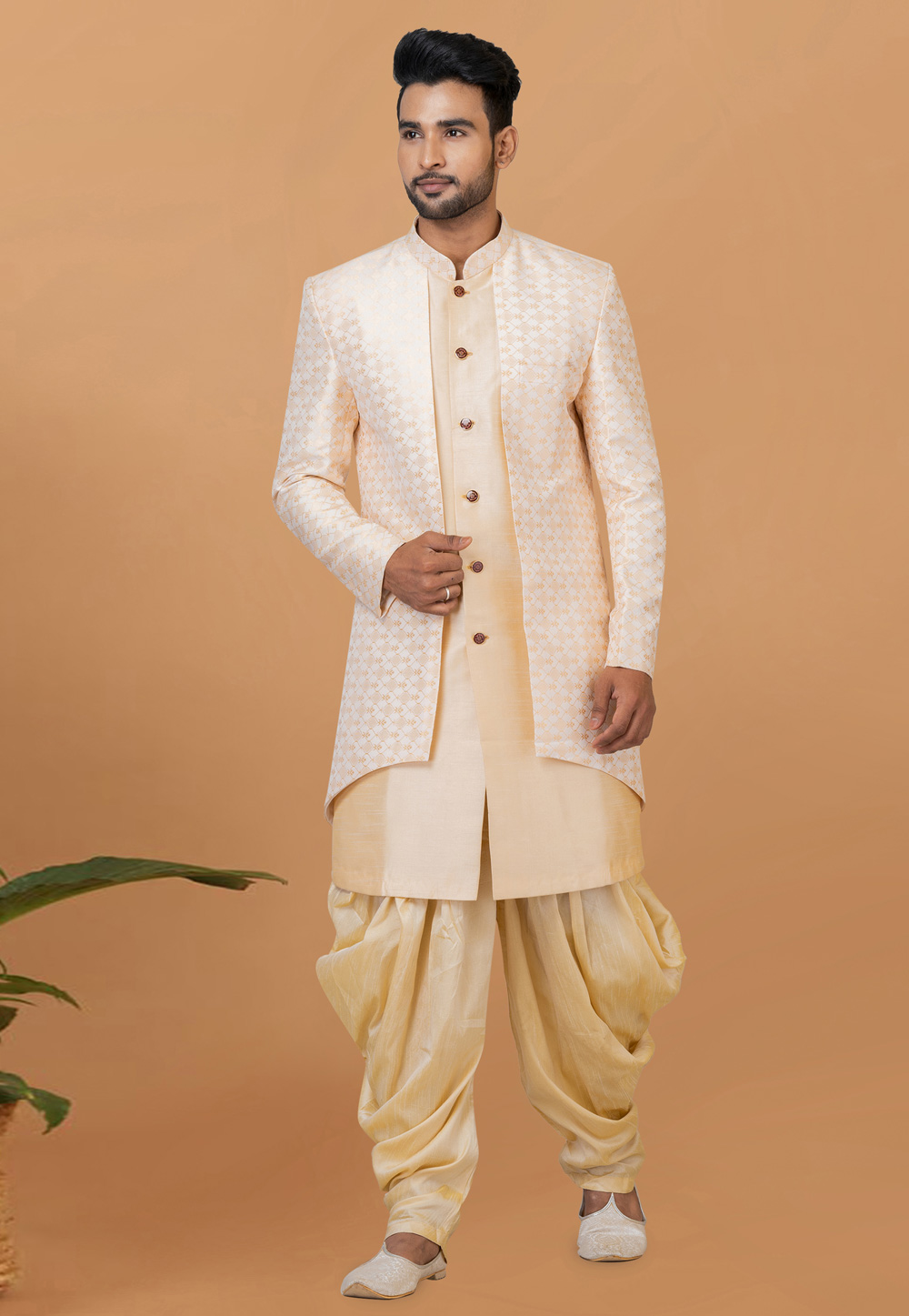 Beige Jacquard Silk Dhoti Sherwani 273079