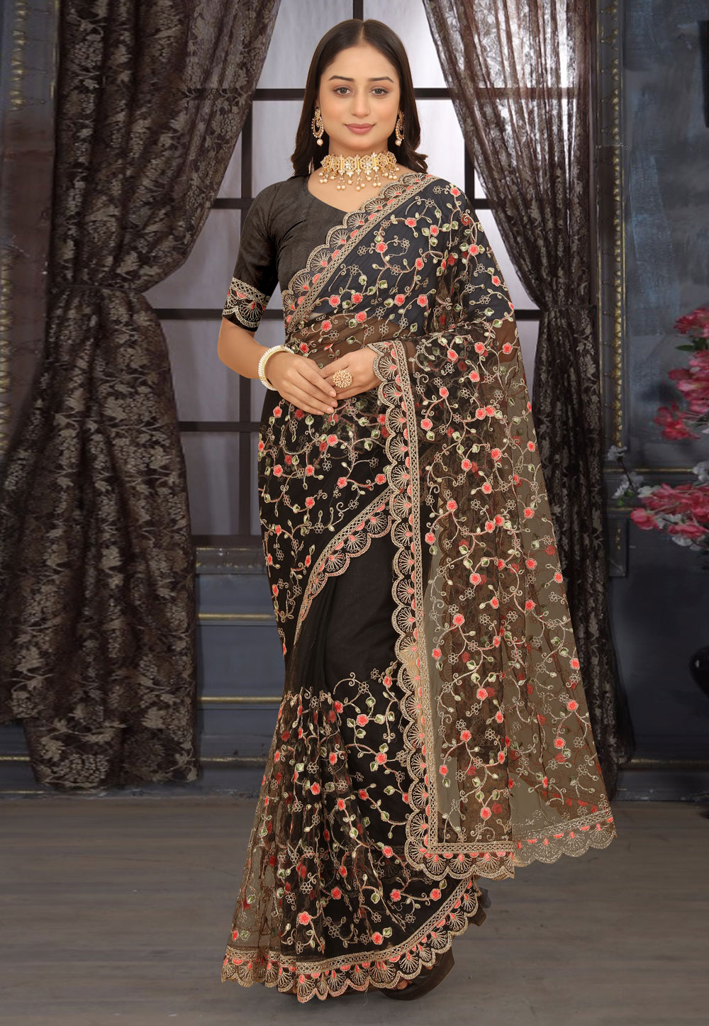 Black Net Saree With Blouse 273374