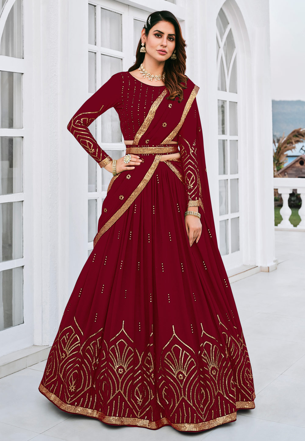 Maroon Georgette A Line Lehenga Choli 259660