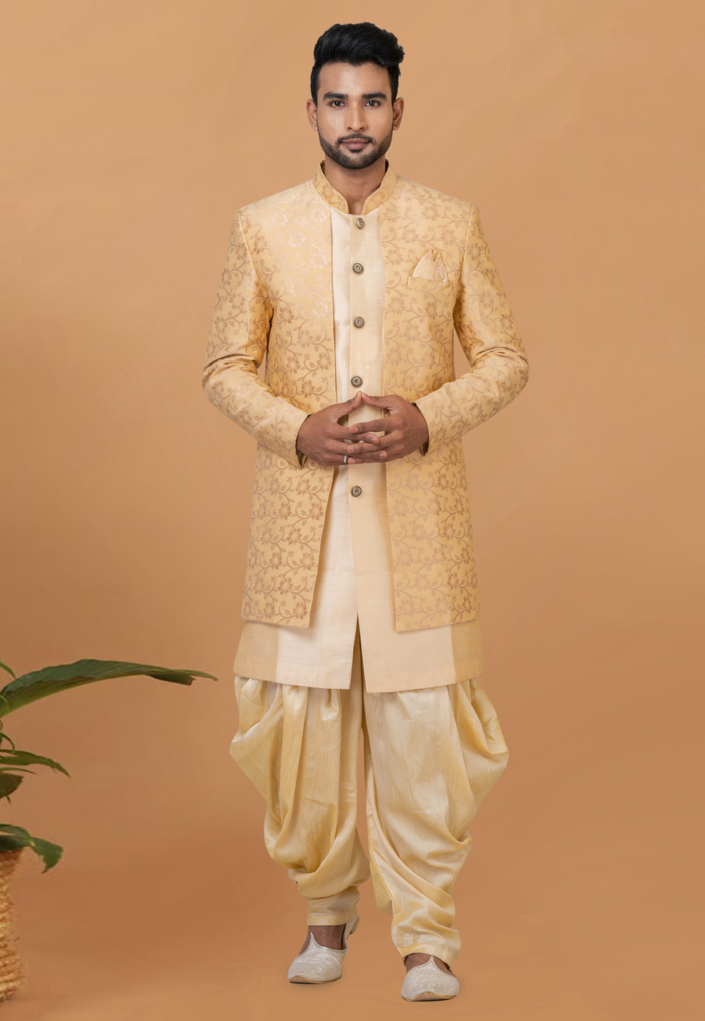 Beige Jacquard Silk Dhoti Sherwani 273080